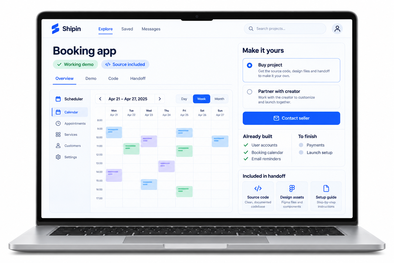 Shipin project marketplace showing a booking app with working demo, source code, and handoff details
